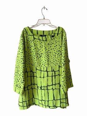 Ali Miles Green & Black Relaxed Tunic Top Large 3/4 sleeve.